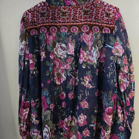 Aratta Silent Journey Floral Navy Blouse with Pink and Green Accents - Picture 12 of 14